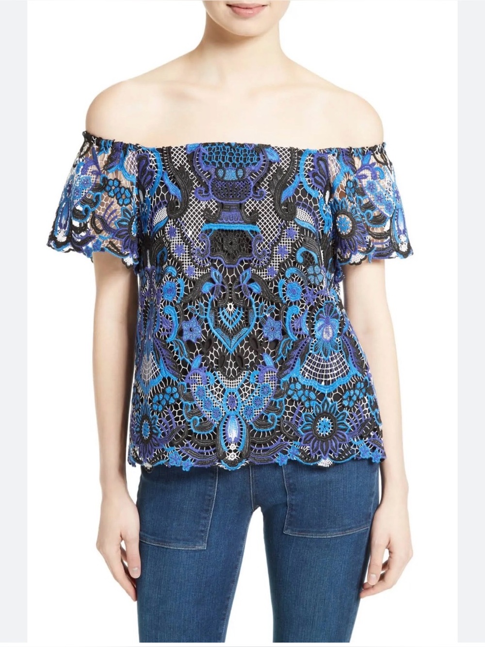 Alice + Olivia Maxie off shoulder guipure top blue purple XS